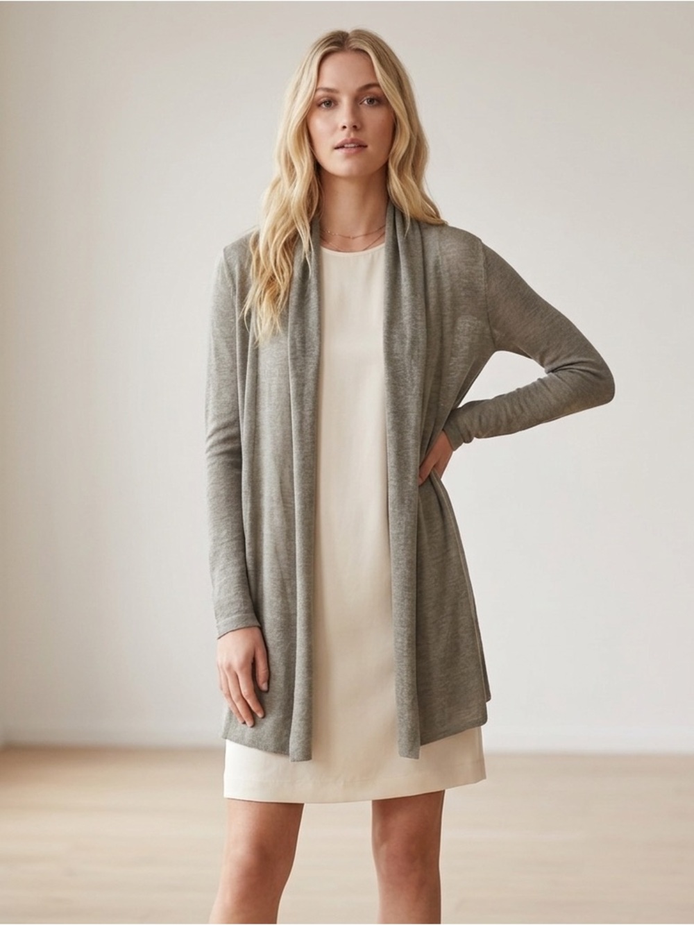Theory Tan Linen Blend Open Front Shawl Neck Knit Long Cardigan